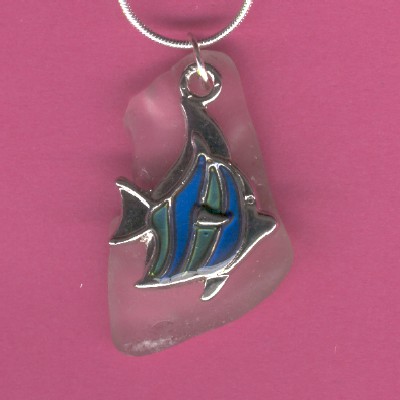 Angel Fish Charm on Beach Glass Pendant - Handcrafted Jewelry