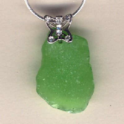 Butterfly over Green Beach Glass Pendant - Handcrafted Jewelry