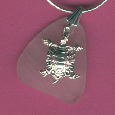 Small Turtle on Beach Glass Pendant - Handcrafted Jewelry