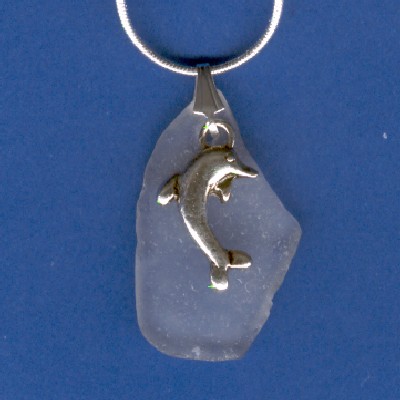Silver Dolphin on Clear Beach Glass Pendant - Handcrafted Jewelry