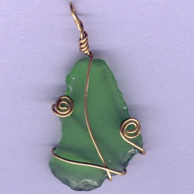 Gold Swirls on Green Beach Glass Pendant - Handcrafted Jewelry